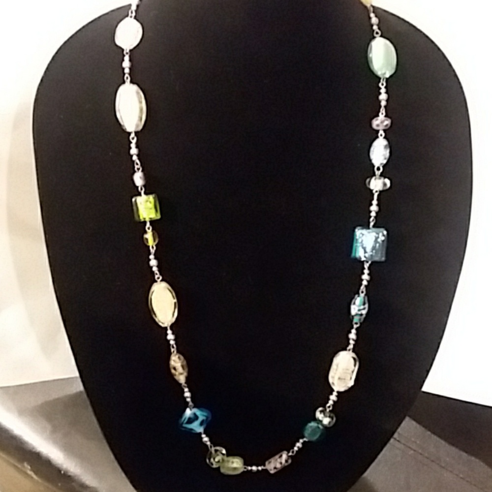 Multi-Color Art Glass Beaded Long Necklace, signed